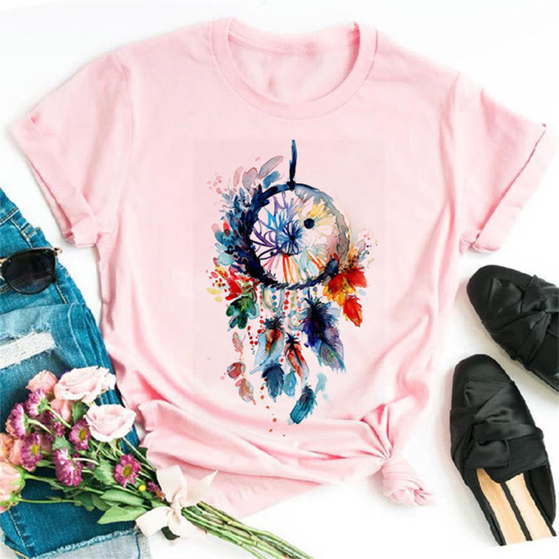 Olivenorma Cotton Dreamcatcher Printed Pink T-Shirt - Colorful Dreamcatcher - 2XL - image 4