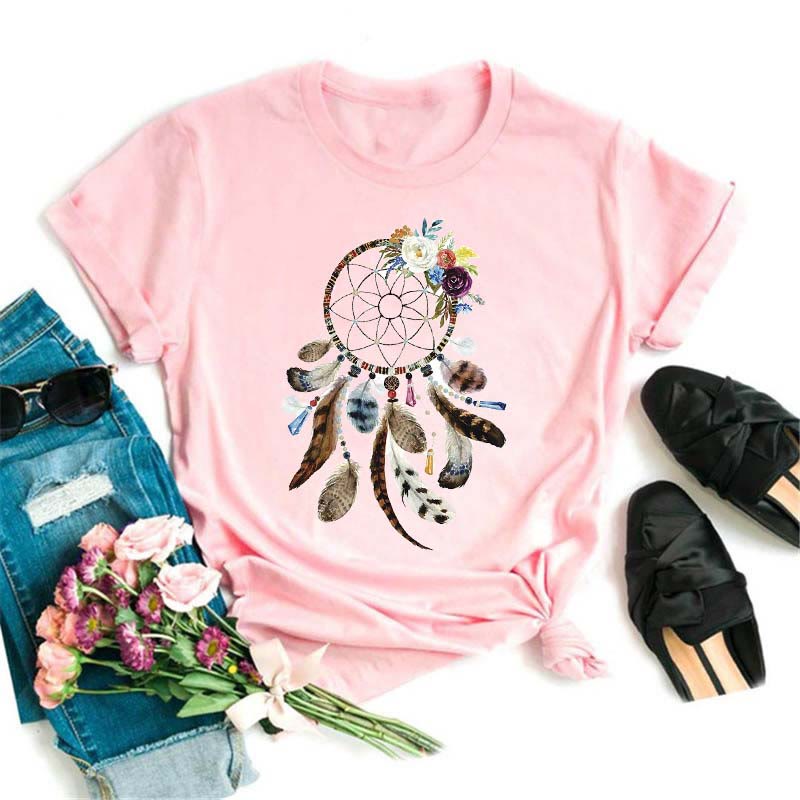 Olivenorma Cotton Dreamcatcher Printed Pink T-Shirt - Dreamcatcher & Bohemian Feather - 2XL - image 3