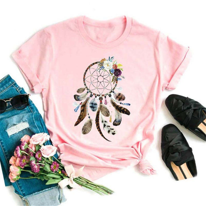 Olivenorma Cotton Dreamcatcher Printed Pink T-Shirt - Dreamcatcher & Bohemian Feather - 2XL - image 3