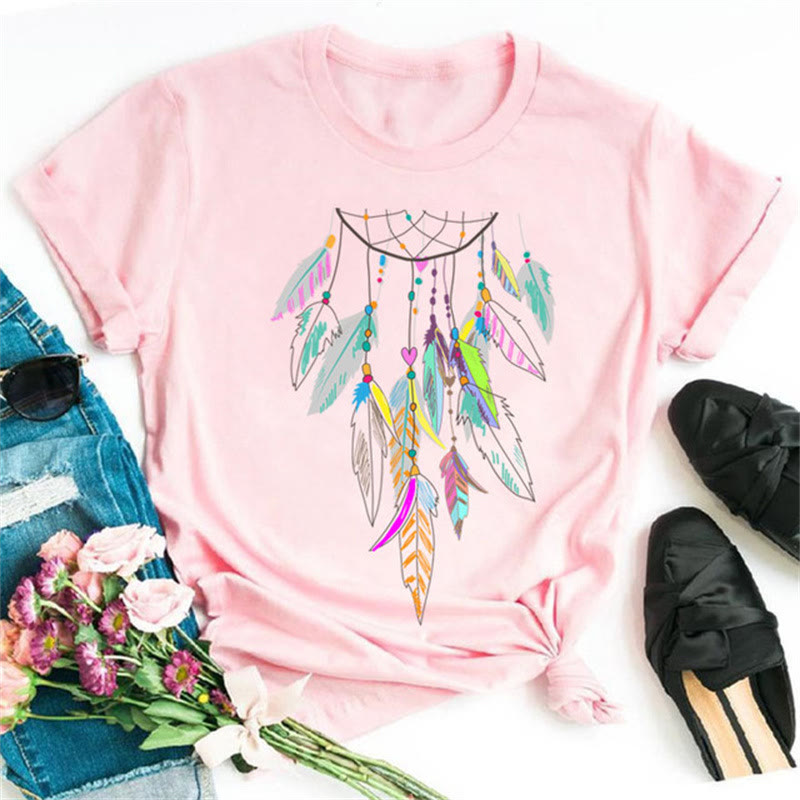 Olivenorma Cotton Dreamcatcher Printed Pink T-Shirt - Dreamcatcher Feather - 2XL - image 5