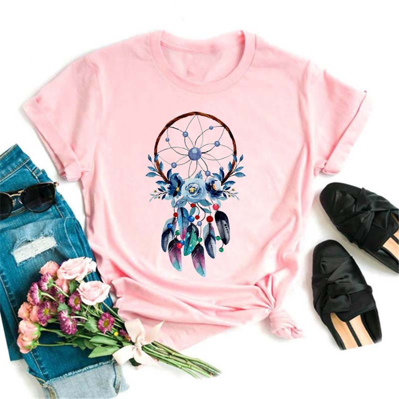 Olivenorma Cotton Dreamcatcher Printed Pink T-Shirt - Dreamcatcher & Blue Rose - 2XL - image 0