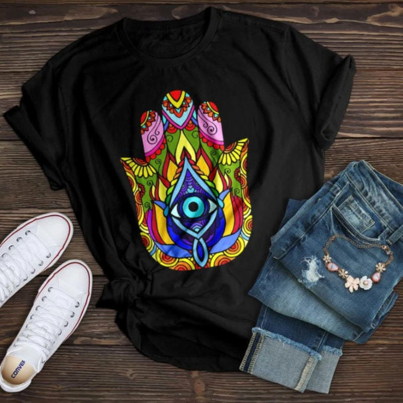Olivenorma Cotton Hamsa Evil Eye Printed T-Shirt - Black - 2XL - image 0