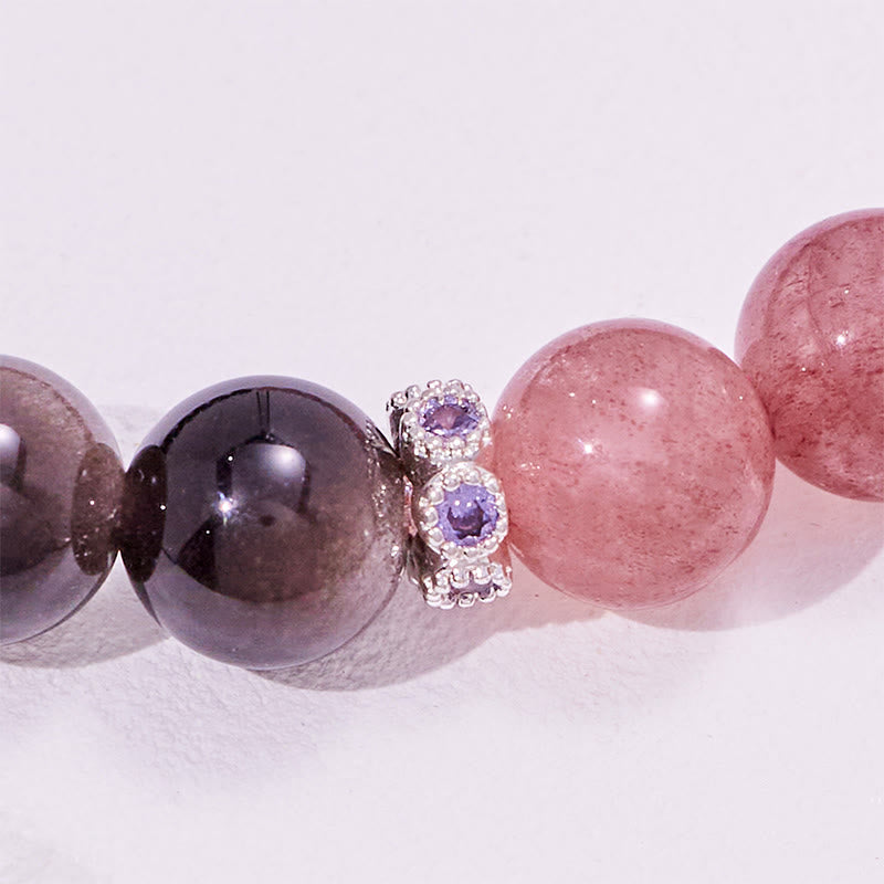 Olivenorma Strawberry Quartz Silver Obsidian Beaded Bracelet - image 4