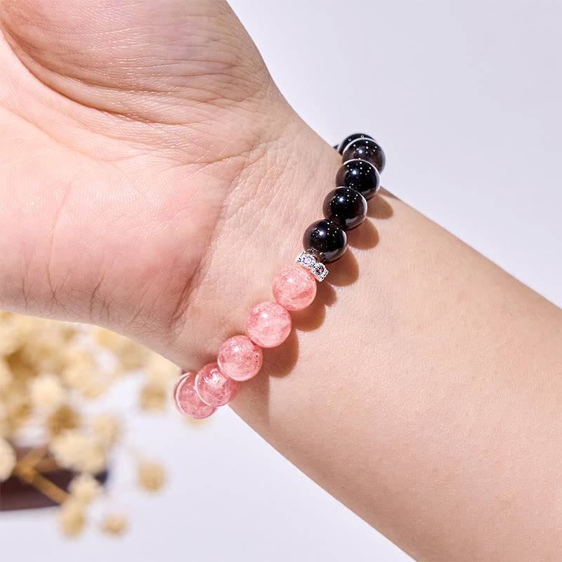 Olivenorma Strawberry Quartz Silver Obsidian Beaded Bracelet - image 1