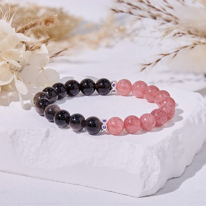 Olivenorma Strawberry Quartz Silver Obsidian Beaded Bracelet - Silver Obsidian & Strawberry Quartz - image 0