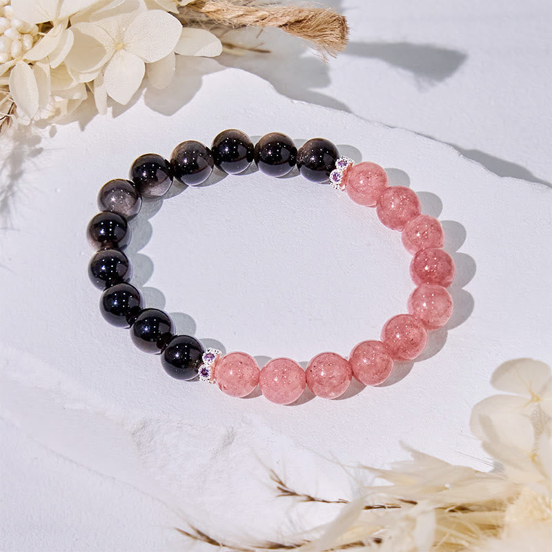 Olivenorma Strawberry Quartz Silver Obsidian Beaded Bracelet - image 2