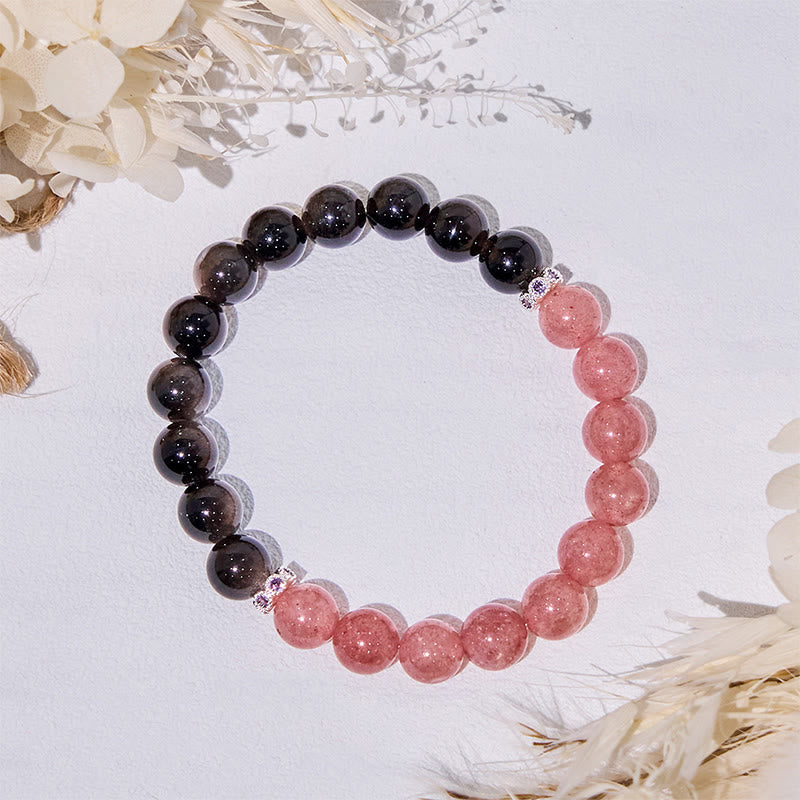 Olivenorma Strawberry Quartz Silver Obsidian Beaded Bracelet - image 3