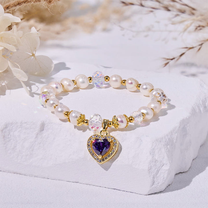 Olivenorma Freshwater Pearl Beads Heart Amethyst Pendant Bracelet - Amethyst & Freshwater Pearl - image 0