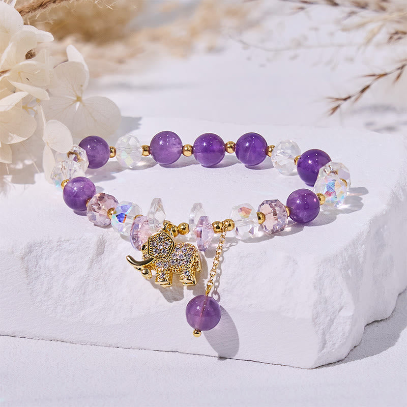 Olivenorma Amethyst Clear Glass Beads Elephant Pendant Bracelet - Amethyst & Clear Glass - image 0