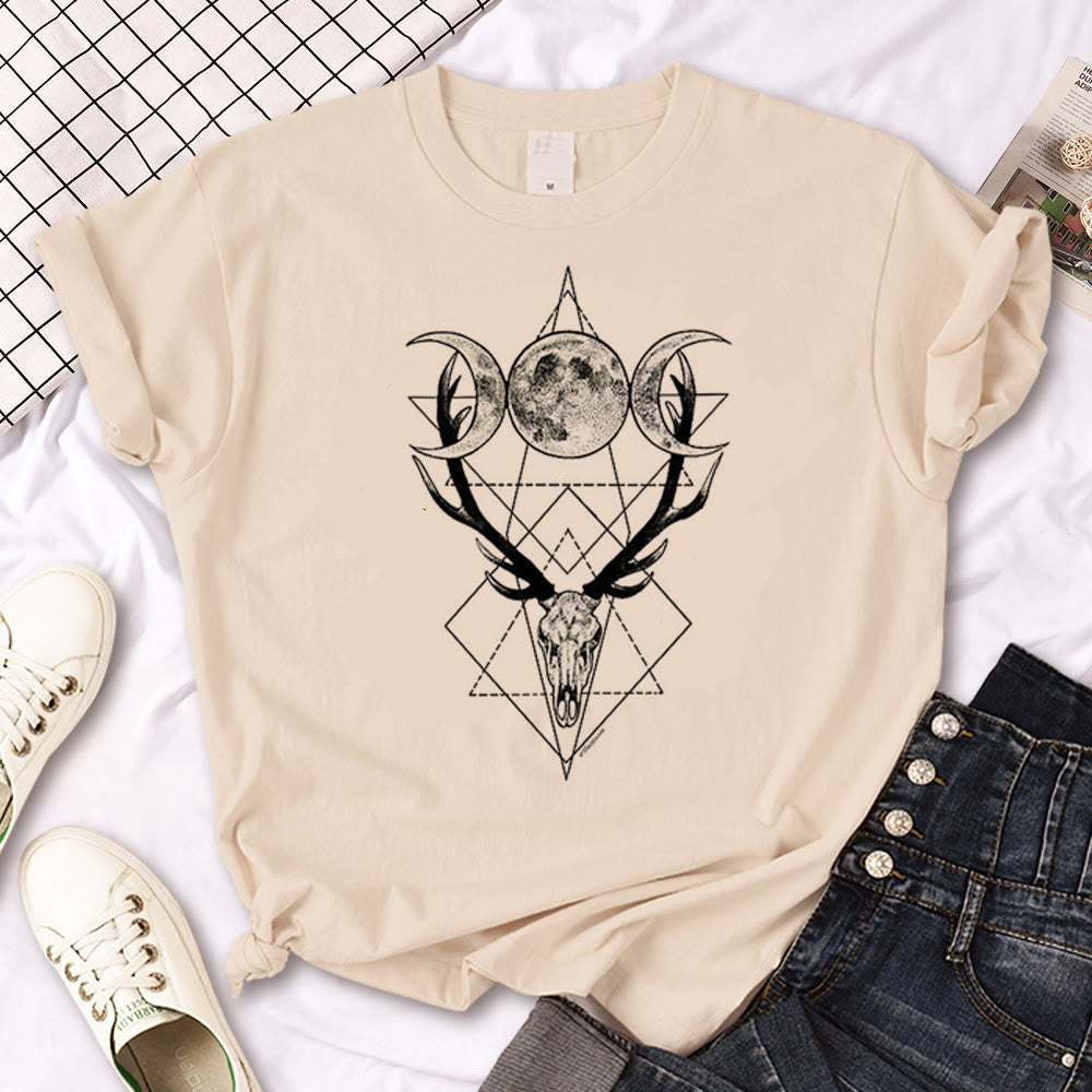 Olivenorma Witch Triple Moon Gothic Print Khaki T-Shirt - Double Moon & Elk Head - 2XL - image 16