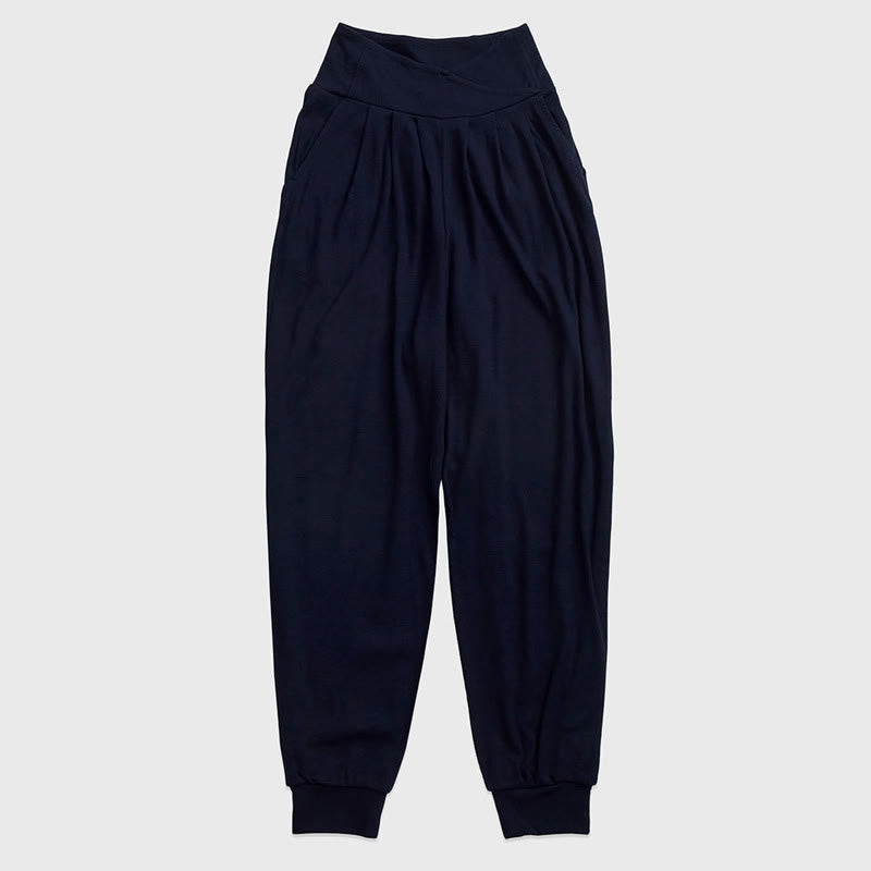 Olivenorma Plain Color Lantern Nylon Cuffed Women's  Yoga Pants with Pockets - Navy Blue - XL - image 13