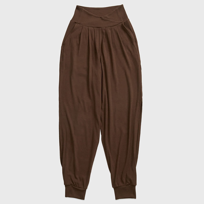 Olivenorma Plain Color Lantern Nylon Cuffed Women's  Yoga Pants with Pockets - Brown - XL - image 11
