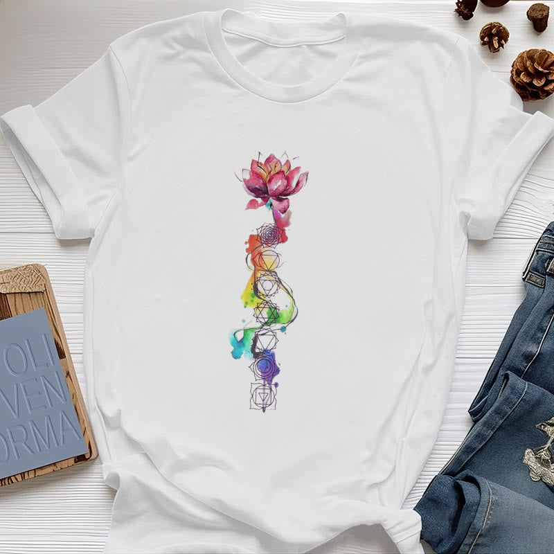 Olivenorma Lotus Chakra Energy Watercolor Print T-Shirt - White - 2XL - image 4