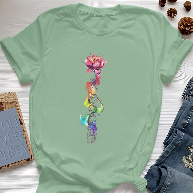Olivenorma Lotus Chakra Energy Watercolor Print T-Shirt - Light Green - 2XL - image 16