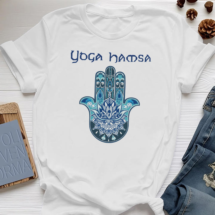 Olivenorma Blue Yoga Hamsa Print Comfort T-Shirt - White - 2XL - image 0