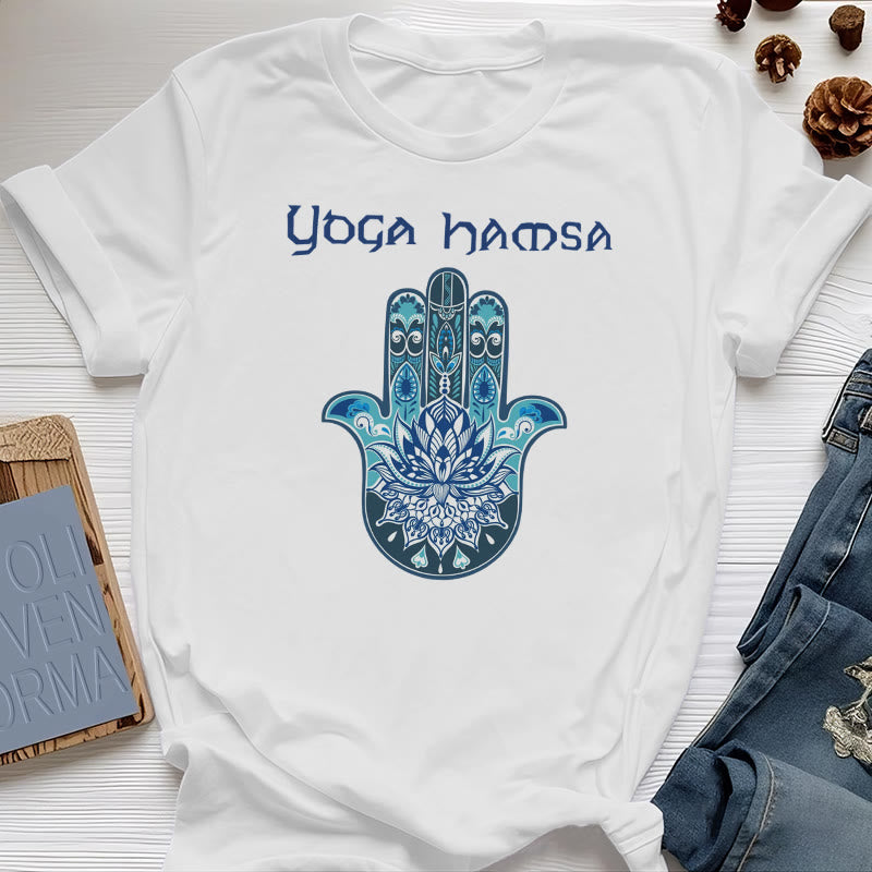 Olivenorma Blue Yoga Hamsa Print Comfort T-Shirt - White - 2XL - image 0