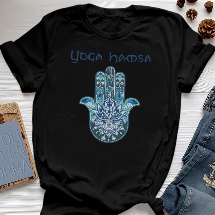 Olivenorma Blue Yoga Hamsa Print Comfort T-Shirt - Black - 2XL - image 7