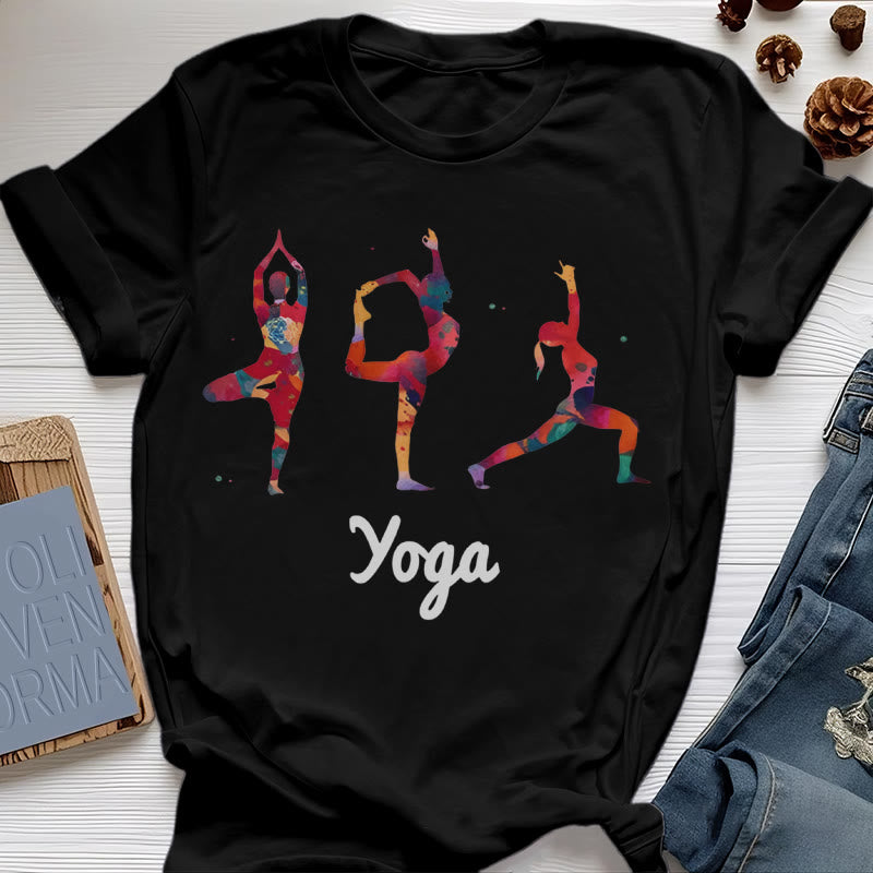 Olivenorma Yoga Poses Colorful Print Women T-Shirt - Black - 2XL - image 3