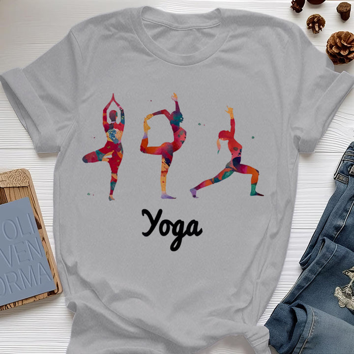 Olivenorma Yoga Poses Colorful Print Women T-Shirt - Gray - 2XL - image 5