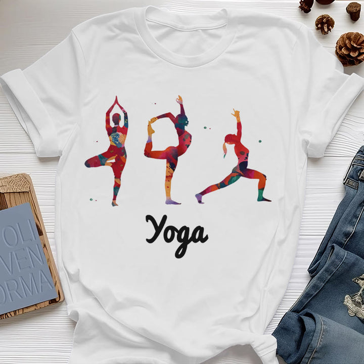Olivenorma Yoga Poses Colorful Print Women T-Shirt - White - 2XL - image 0