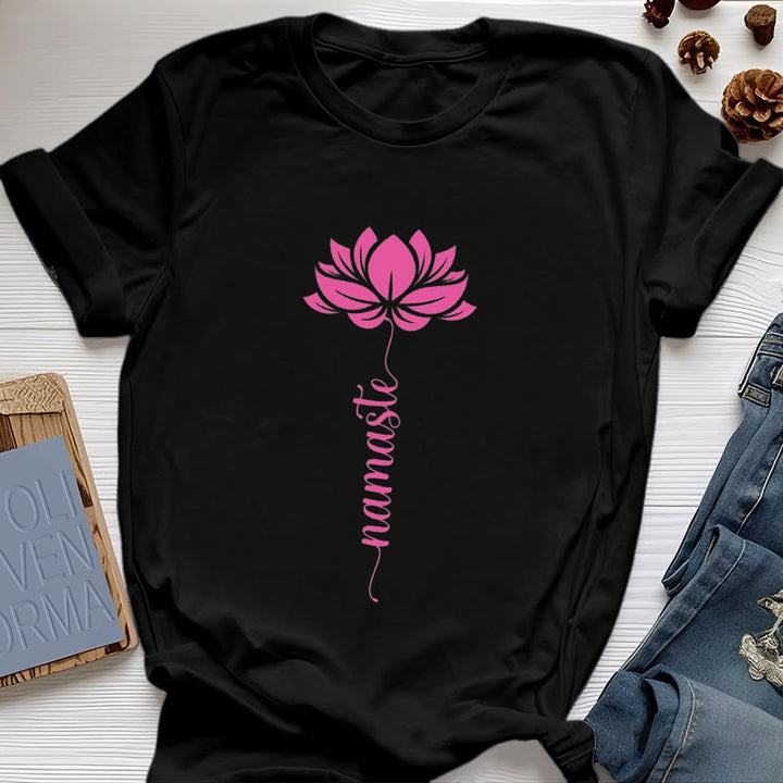 Olivenorma Namaste Lotus Yoga Cotton T-Shirt - Black - 2XL - image 3