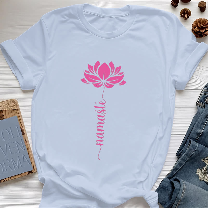 Olivenorma Namaste Lotus Yoga Cotton T-Shirt - Blue - 2XL - image 13