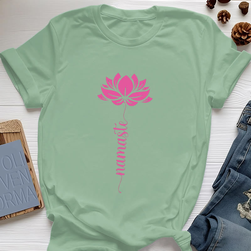 Olivenorma Namaste Lotus Yoga Cotton T-Shirt - Light Green - 2XL - image 2