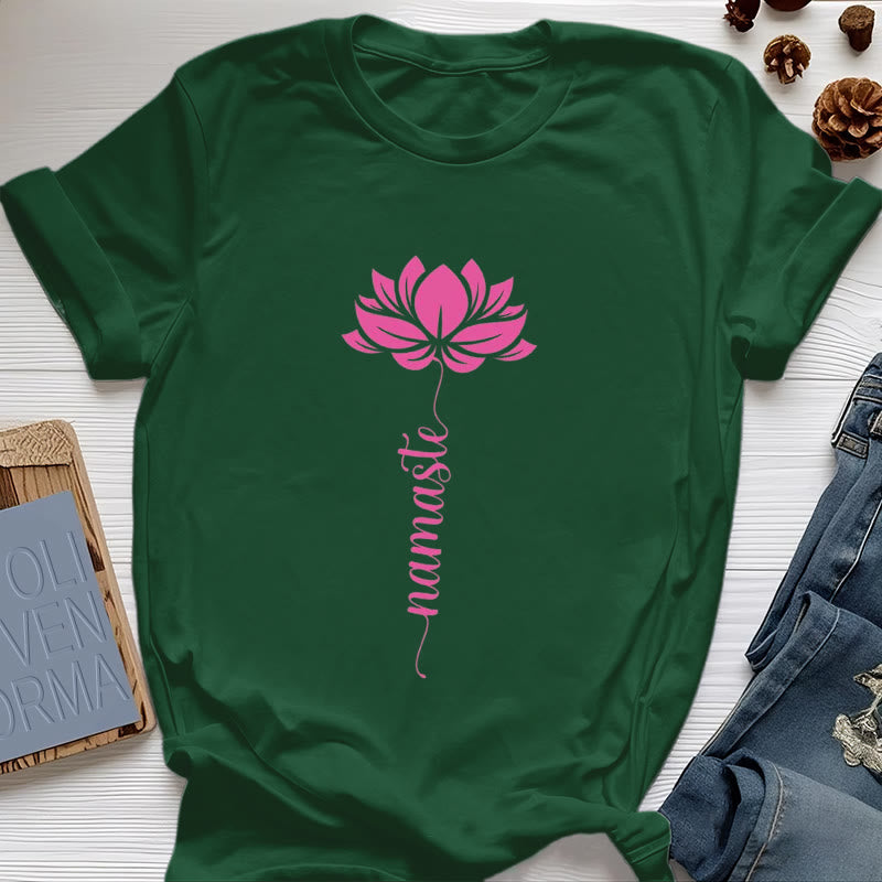 Olivenorma Namaste Lotus Yoga Cotton T-Shirt - Dark Green - 2XL - image 0