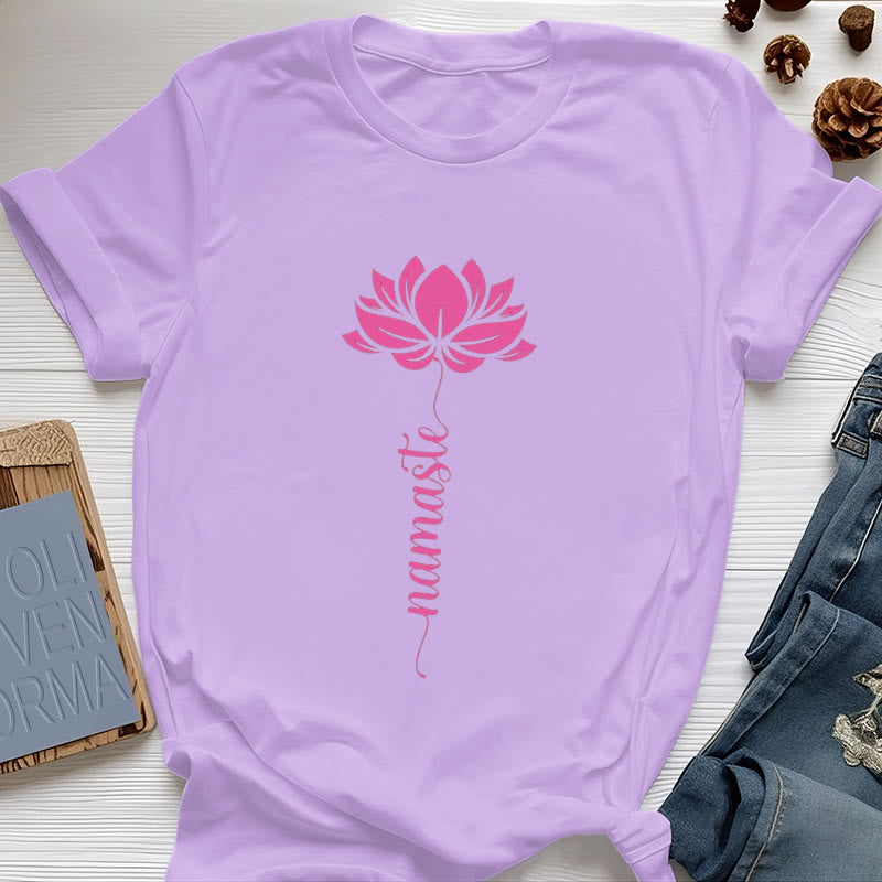 Olivenorma Namaste Lotus Yoga Cotton T-Shirt - Purple - 2XL - image 13