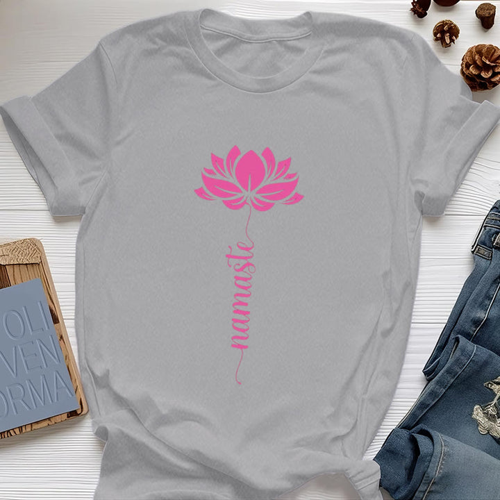 Olivenorma Namaste Lotus Yoga Cotton T-Shirt - Gray - 2XL - image 9