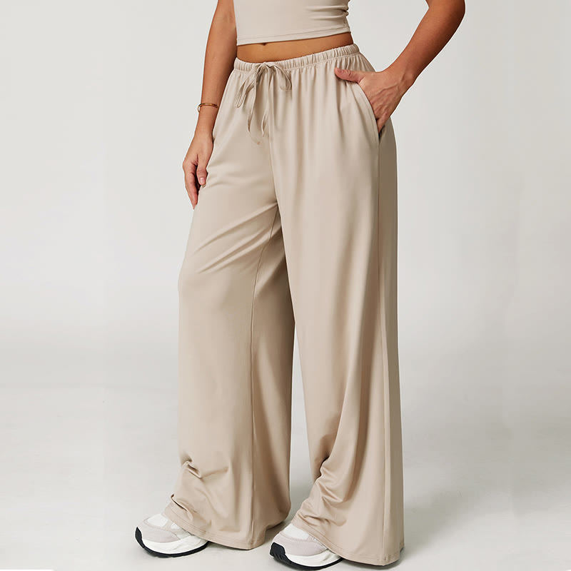 Olivenorma Plain Color Loose Drawstring Women's Wide-Leg Pants - Khaki - XL - image 0