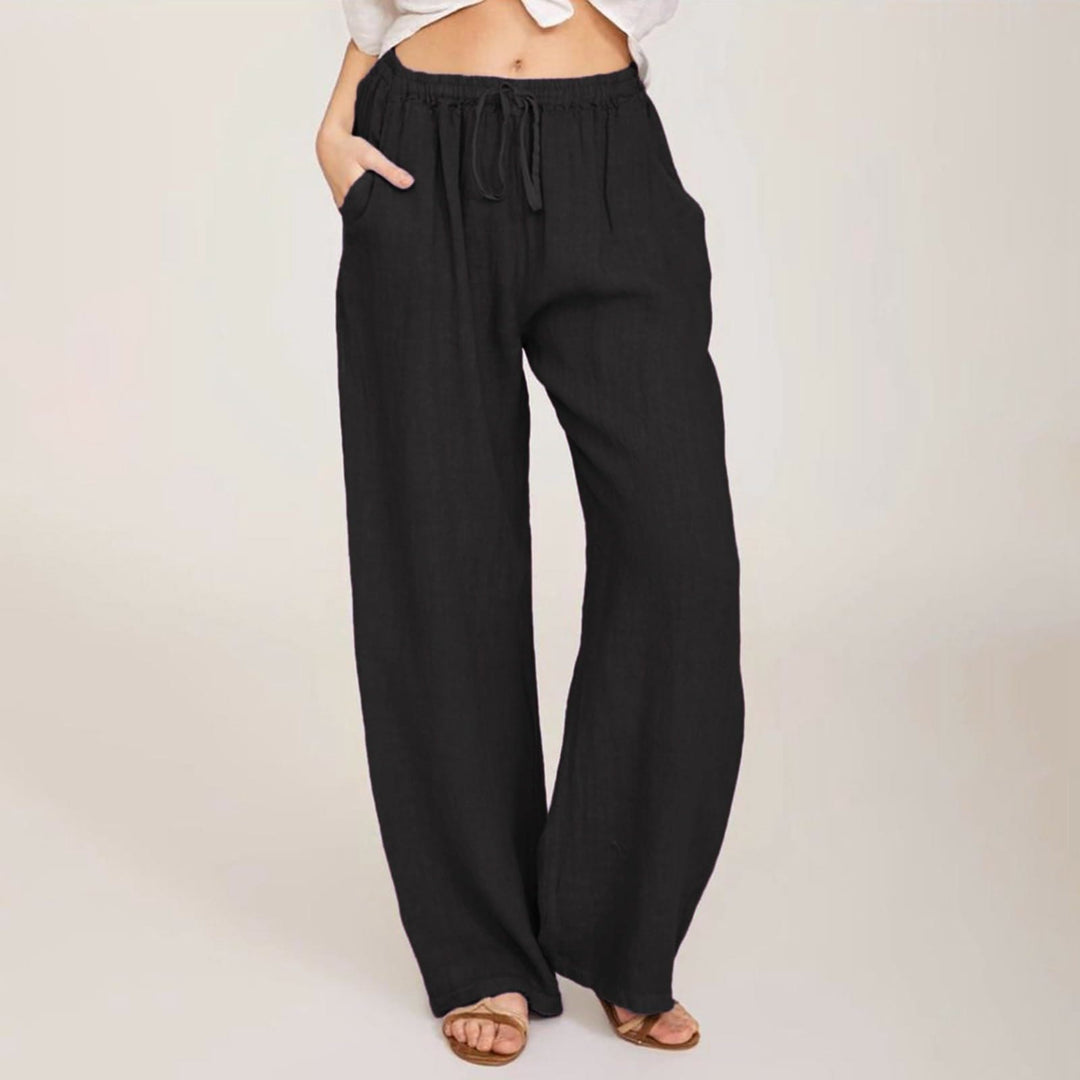 Olivenorma  Plain Color Casual Women's Cotton Linen Wide Leg Pants with Pockets - Black - 3XL - image 3