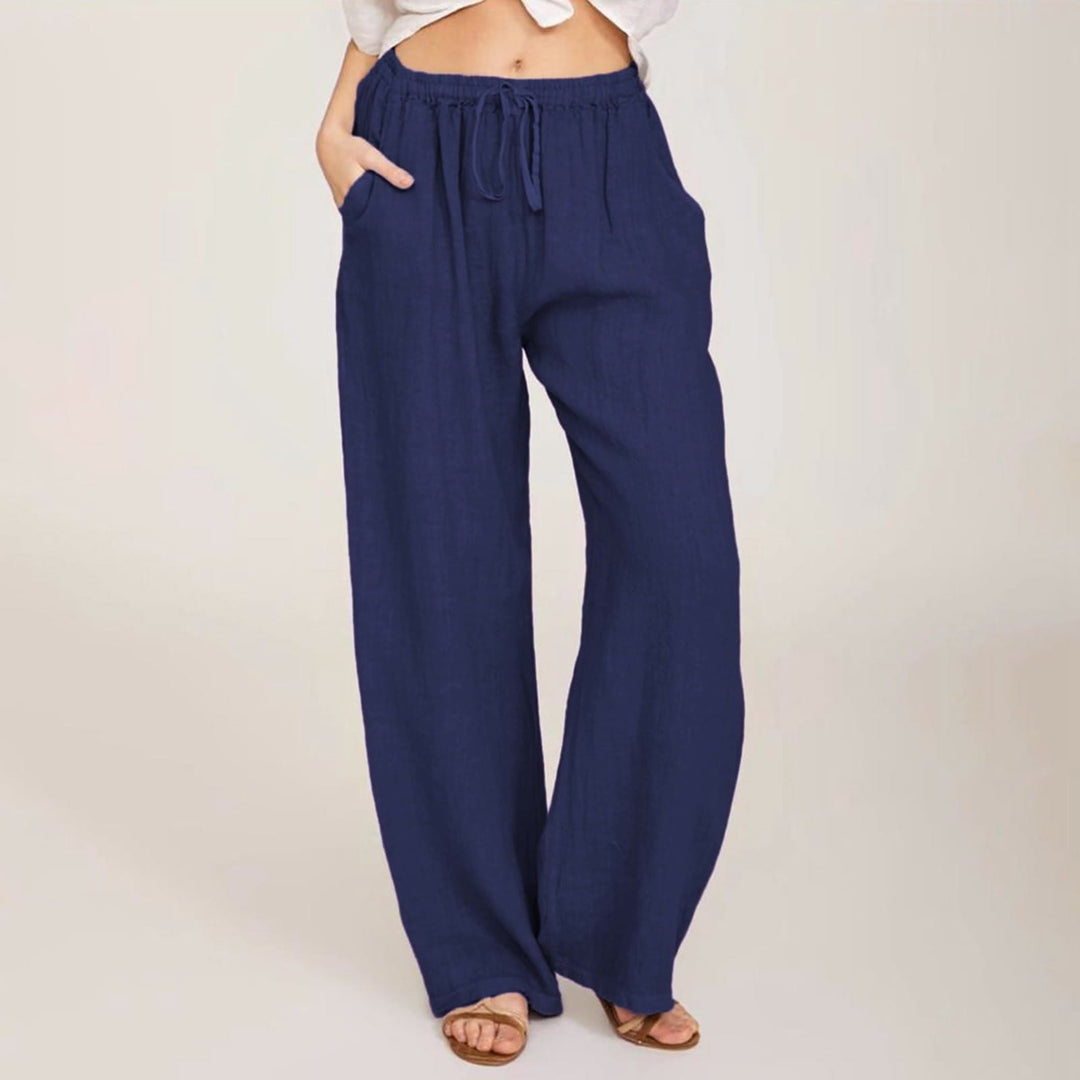 Olivenorma  Plain Color Casual Women's Cotton Linen Wide Leg Pants with Pockets - Navy Blue - 3XL - image 18