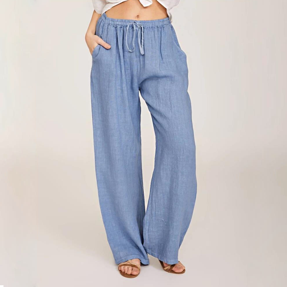 Olivenorma  Plain Color Casual Women's Cotton Linen Wide Leg Pants with Pockets - Light Blue - 3XL - image 0