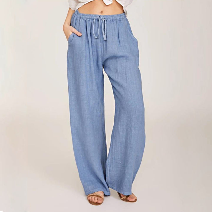 Olivenorma  Plain Color Casual Women's Cotton Linen Wide Leg Pants with Pockets - Light Blue - 3XL - image 0