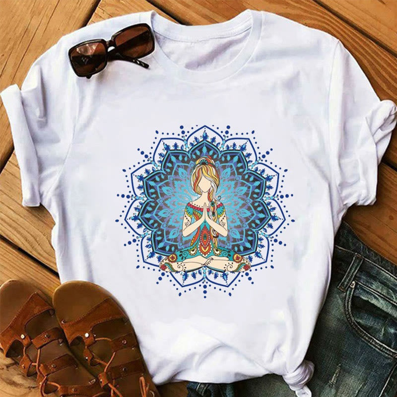 Olivenorma Lotus Yoga Meditation Tree of Life T-Shirt - Blue Lotus & Meditating Girl - 2XL - image 1