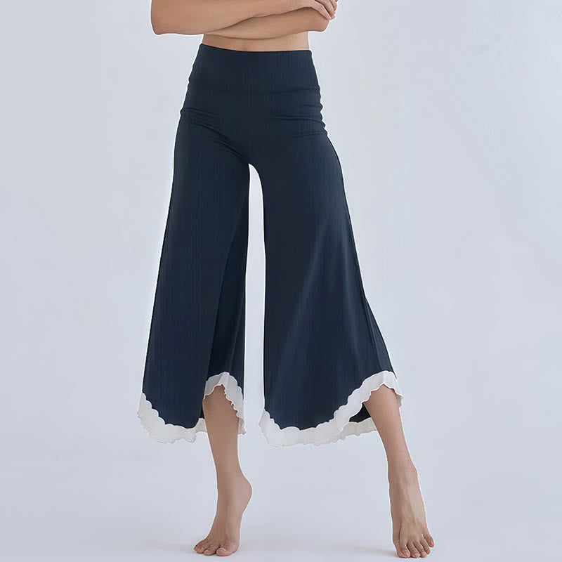 Olivenorma Tie-dye Colorblock Cotton Flare Cropped Elastic Waist Women's Yoga Pants - Navy Blue - L - image 10