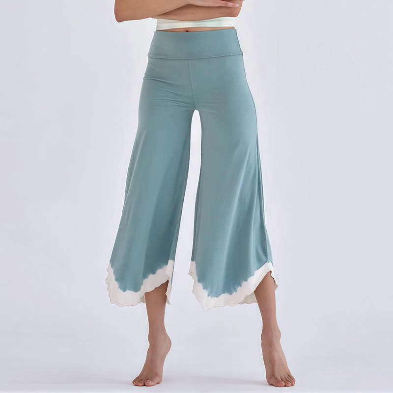 Olivenorma Tie-dye Colorblock Cotton Flare Cropped Elastic Waist Women's Yoga Pants - Light Blue - L - image 4