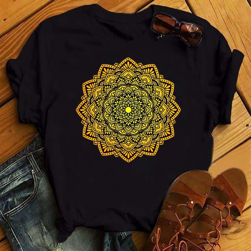 Olivenorma Colorful Geometric Lotus Print Black T-shirt - Yellow Lotus#3 - 2XL - image 2