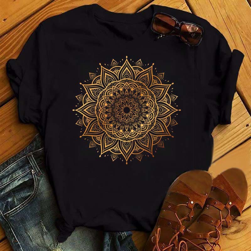 Olivenorma Colorful Geometric Lotus Print Black T-shirt - Yellow Lotus#2 - 2XL - image 1