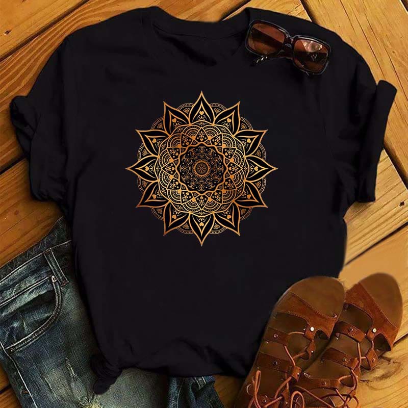 Olivenorma Colorful Geometric Lotus Print Black T-shirt - Yellow Lotus#1 - 2XL - image 0