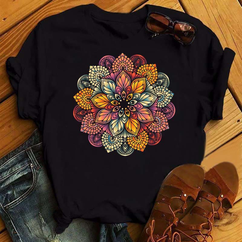Olivenorma Colorful Geometric Lotus Print Black T-shirt - Colored Lotus - 2XL - image 6