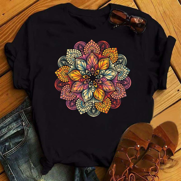 Olivenorma Colorful Geometric Lotus Print Black T-shirt - Colored Lotus - 2XL - image 6