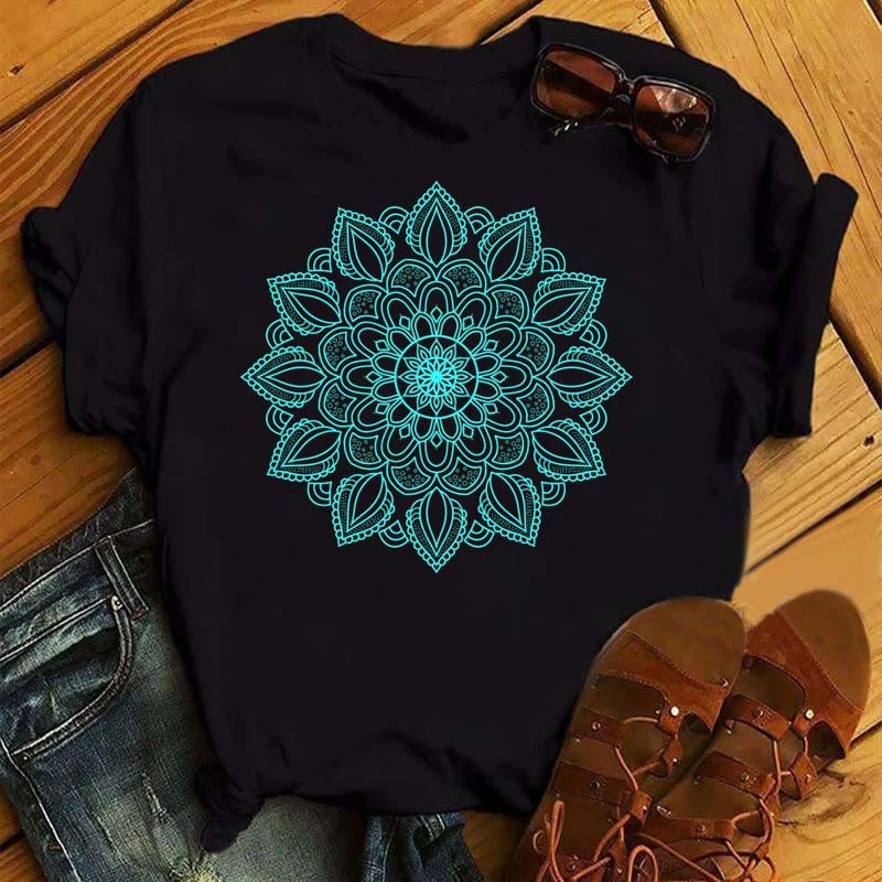 Olivenorma Colorful Geometric Lotus Print Black T-shirt - Blue Lotus - 2XL - image 4