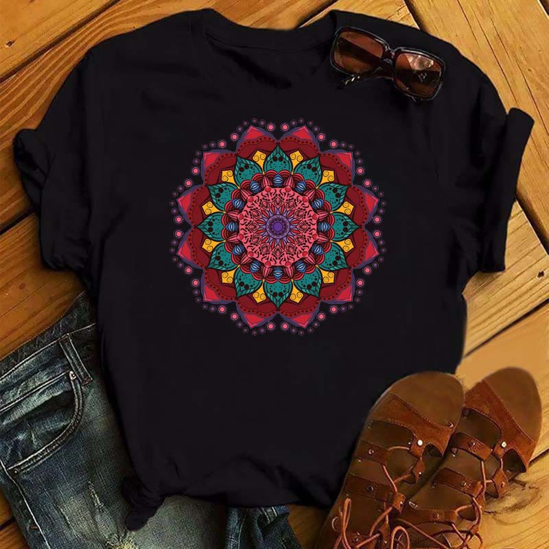 Olivenorma Colorful Geometric Lotus Print Black T-shirt - Red Lotus - 2XL - image 5