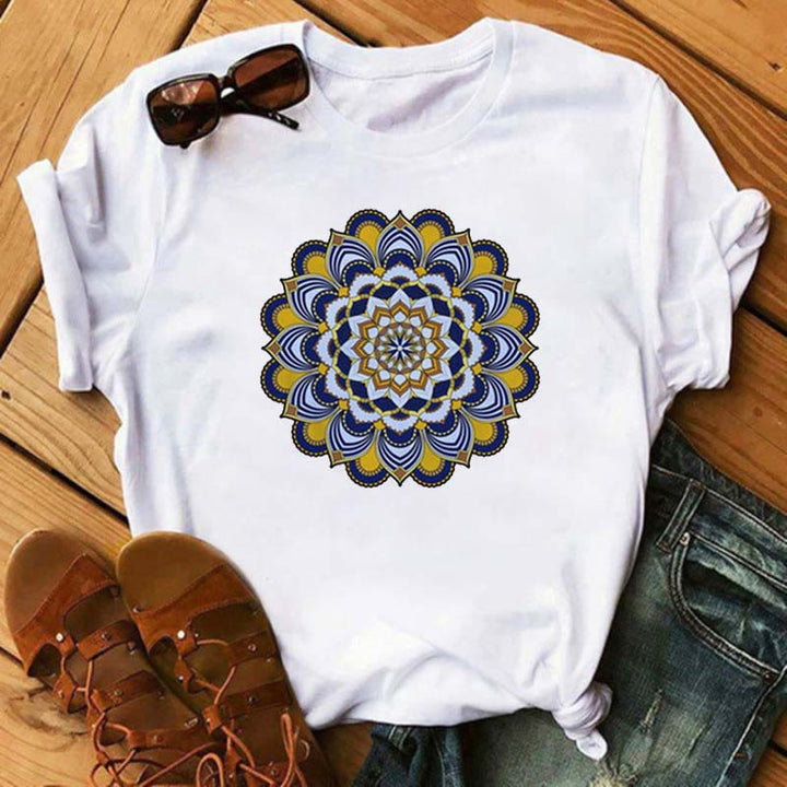 Olivenorma Colored Geometric Lotus Print White T-Shirt - Yellow & Blue Lotus - 2XL - image 4