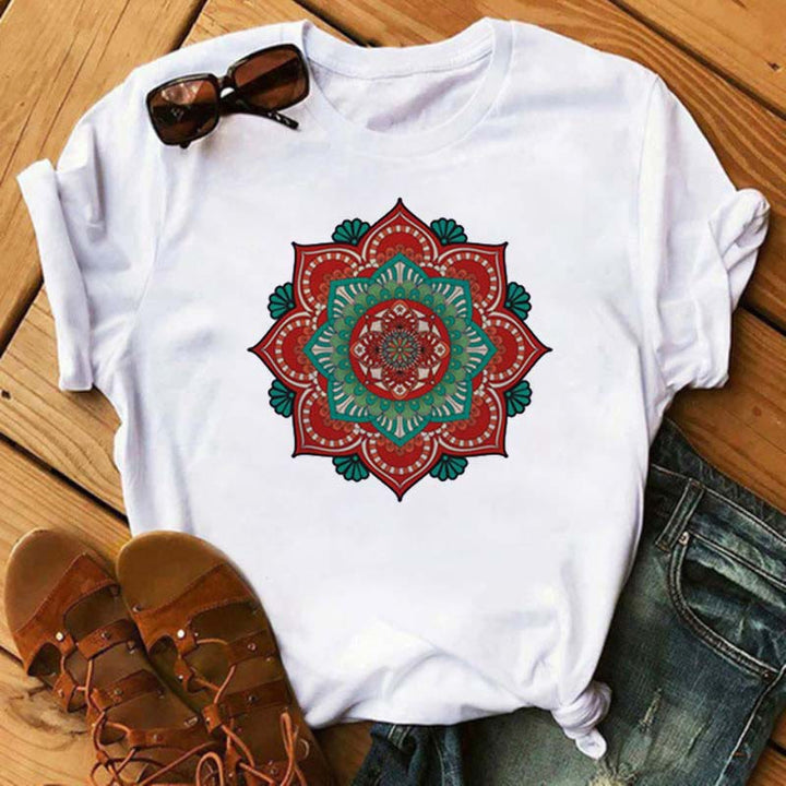 Olivenorma Colored Geometric Lotus Print White T-Shirt - Red & Green Lotus - 2XL - image 5