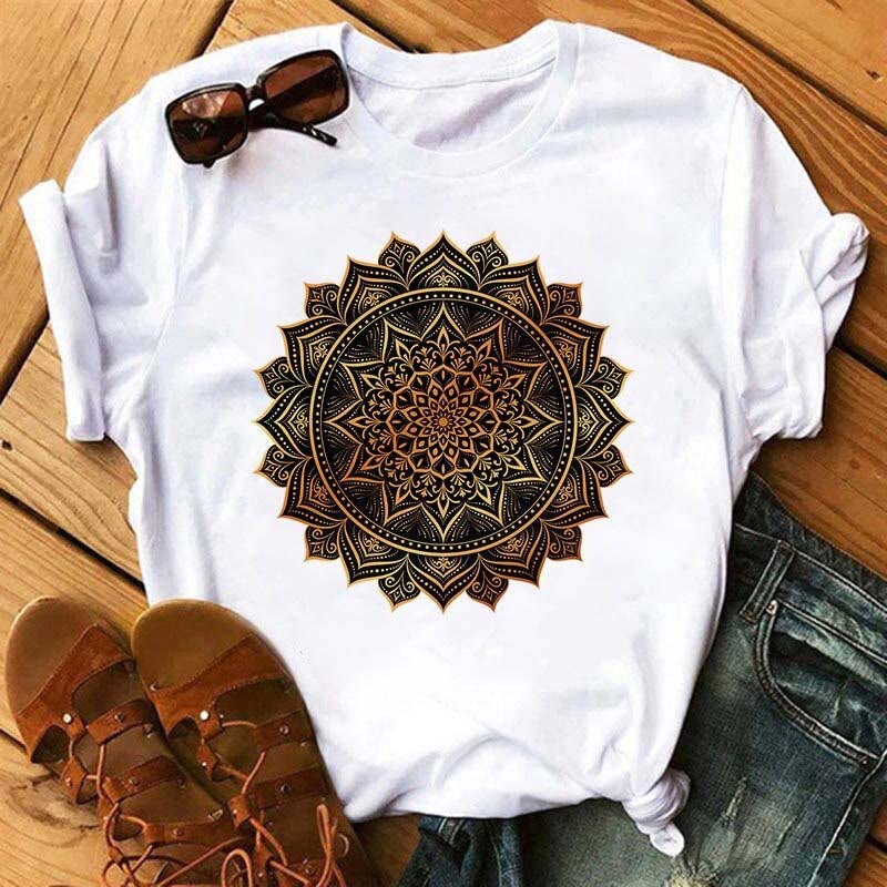Olivenorma Colored Geometric Lotus Print White T-Shirt - Yellow & Black Lotus - 2XL - image 0