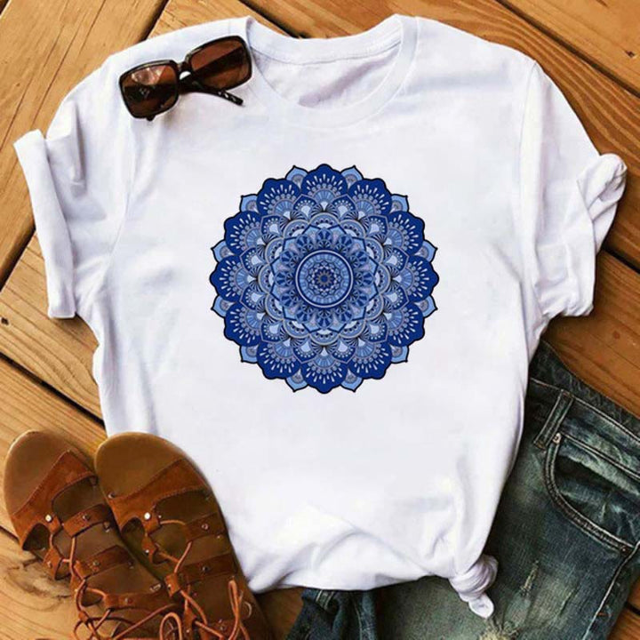 Olivenorma Colored Geometric Lotus Print White T-Shirt - Blue Lotus#3 - 2XL - image 9
