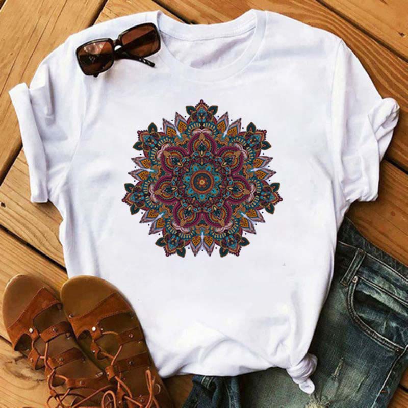 Olivenorma Colored Geometric Lotus Print White T-Shirt - Purple & Green Lotus - 2XL - image 1